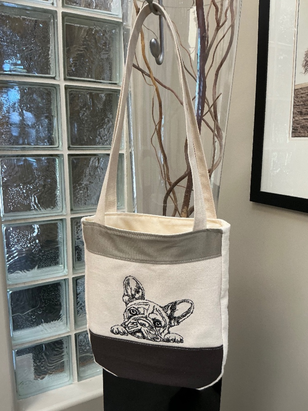 Tote Bag, Small Dog Bag Frenchie Embroidery Design. Made in Canada